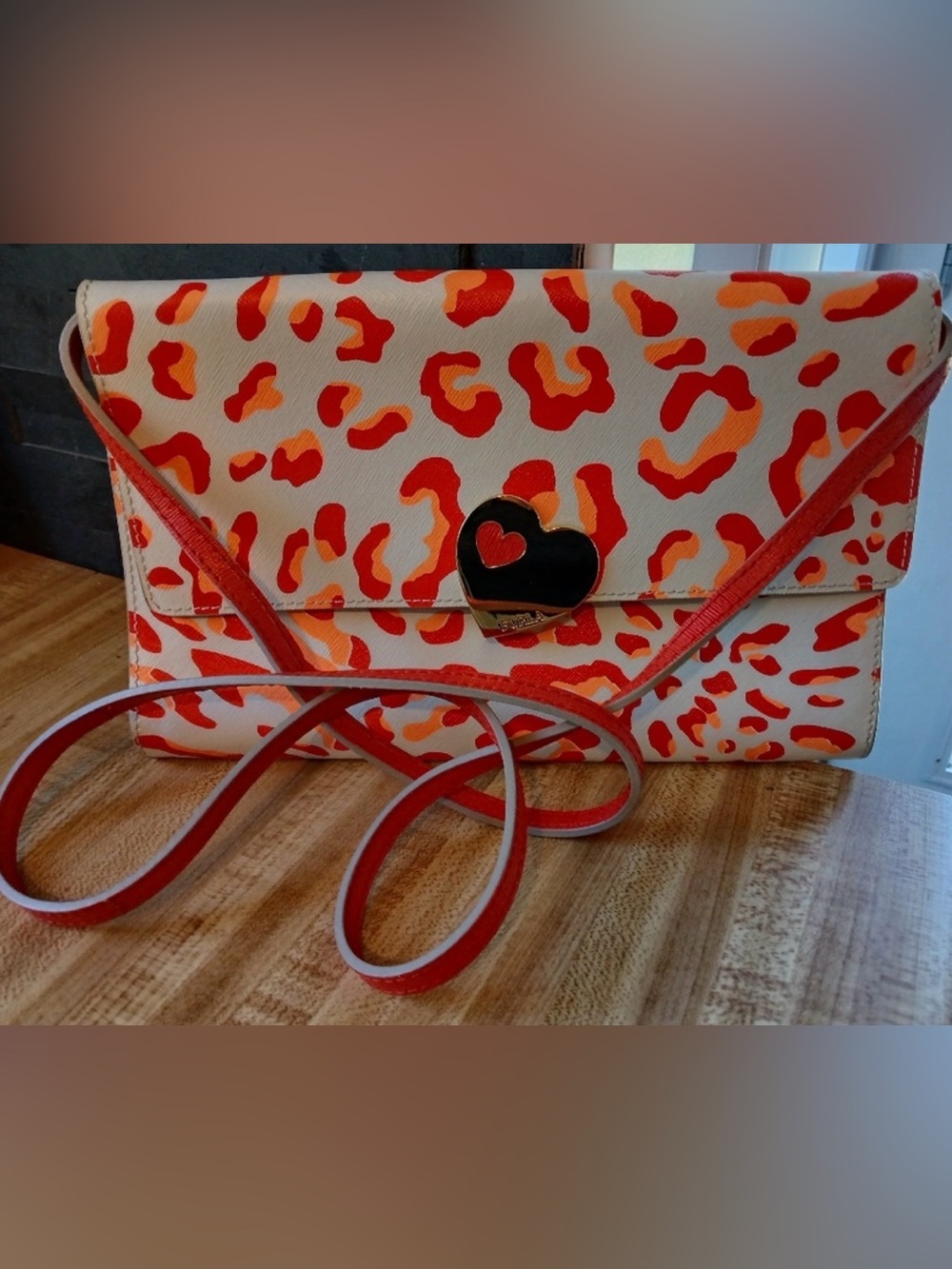 Furla Leopard Print Ornate Heart Lock Italian Leather Crossbody Clutch Like New